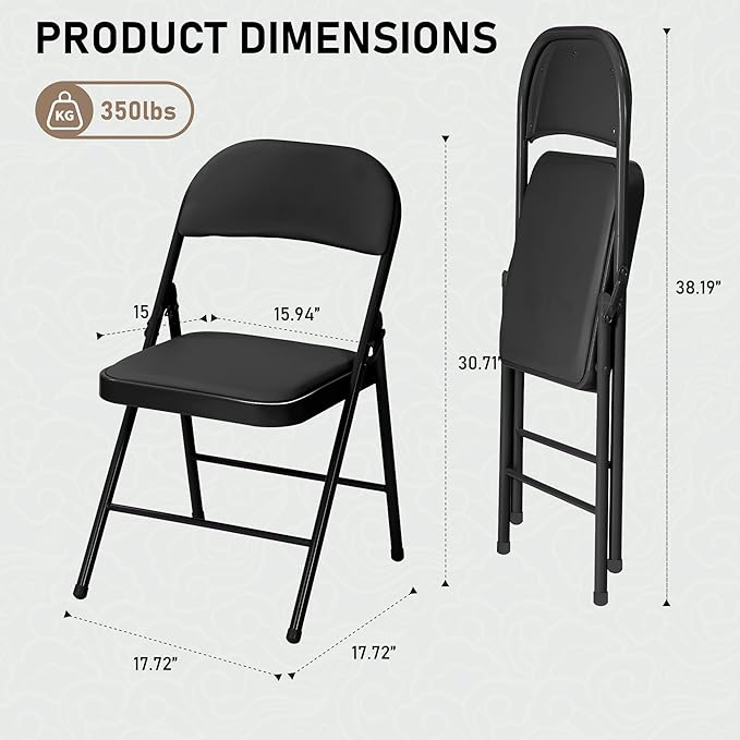 SEALAMB 16 Pack Black Folding Chairs with Padded Seats & Cushion, Durable Metal Foldable Chairs for Wedding Party, Commercial Chairs for Office School Church Events, 330lb Capacity (Black-PU, 16 Pack)