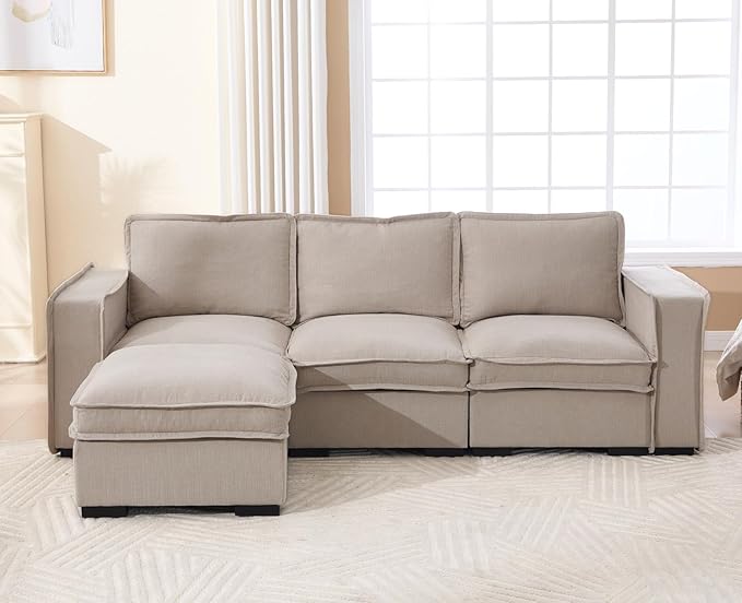 EALSON 93" Modular Sectional Sofa Comfy Cloud Couch with Ottoman Modern Convertible L Shape Couches with Wooden Legs Linen Deep Seat Couch 4-Seater Sofa for Living Room/Apartment, Oatmeal