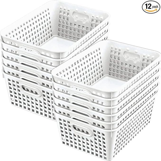 Really Good Stuff Large Plastic Book Baskets, 13.25" by 10" by 5.5" - 12 Pack, White, Classroom Library Organizer, Toy Storage, Multi-Purpose Organizer Basket