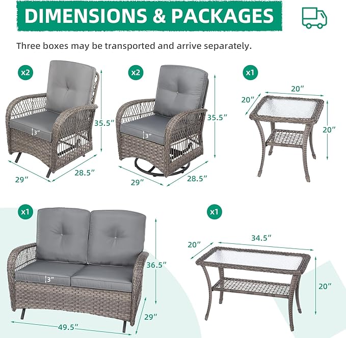 VIVIJASON 7-Piece Outdoor Patio Wicker Conversation Sets, All Weather Outdoor Rattan Furniture Set Includes Glider Loveseat, 2 Glider Rocker Chairs, 2 Swivel-Gliders Chairs, 2 Coffee Table, Grey