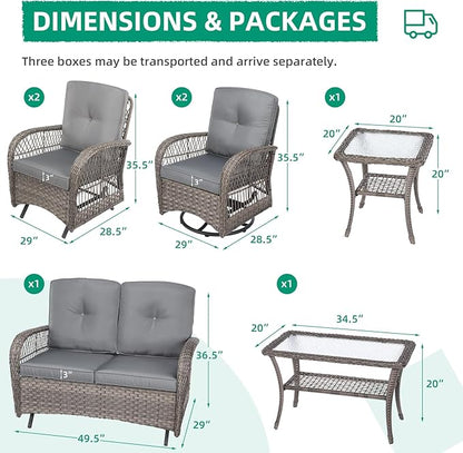 VIVIJASON 7-Piece Outdoor Patio Wicker Conversation Sets, All Weather Outdoor Rattan Furniture Set Includes Glider Loveseat, 2 Glider Rocker Chairs, 2 Swivel-Gliders Chairs, 2 Coffee Table, Grey