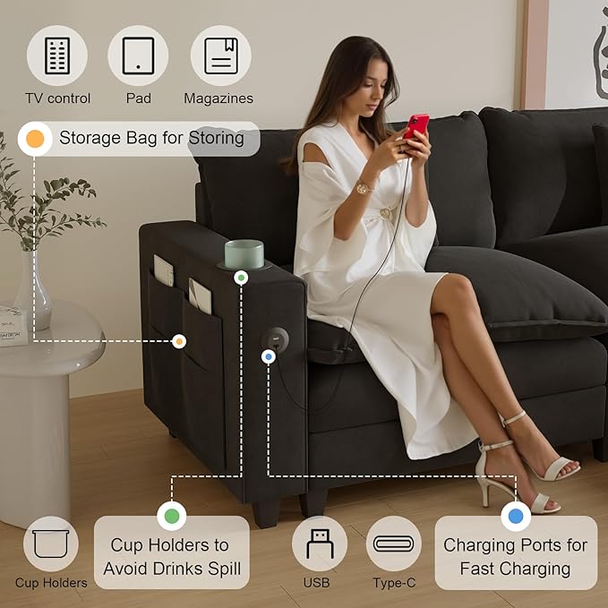 Cloud Couch, Modular Sectional Sofa with Ottoman, Charging Station, Throw Pillows, Cup Holders, Modern Convertible L Shaped Couches for Living Room, Bedroom (Classic Black, 152"- U Shape)
