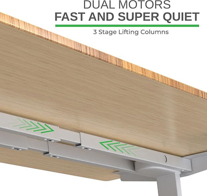 Rise Up Electric Standing Desk Adjustable Height 24-49" Dual Motor One Piece 60x30 Bamboo Large Standing Desk, Sit Stand Desk Rising Desk Home Office