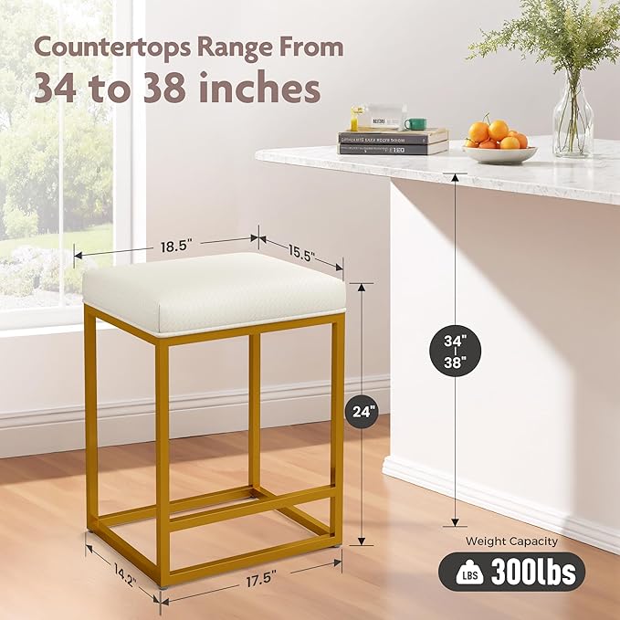 ALPHA HOME 24 Inch Counter Height Bar Stools Set of 2, Upholstered Bar Stools for Kitchen Island, Counter Stools with Faux Leather Cushion and Sturdy Metal Frame, Modern Barstools, White and Gold