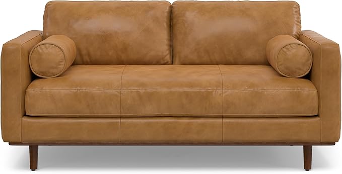 SIMPLIHOME Morrison 72-inch Wide Sofa in Sienna Top Grain Genuine Leather, Mid-Century Modern-Style Loveseat for Living Room, Single Bench Cushion, Removable Back Cushions, 2 Bolster Pillows