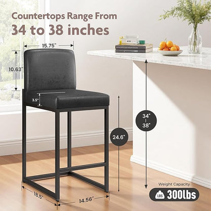 ALPHA HOME 24 Inch Bar Stools, Kitchen Counter Stools with Backs, Black Bar Stools Set of 2, PU Leather Barstools, Kitchen Stools with Back&Upholstered Footrest, Sturdy Chromed Metal Steel Frame
