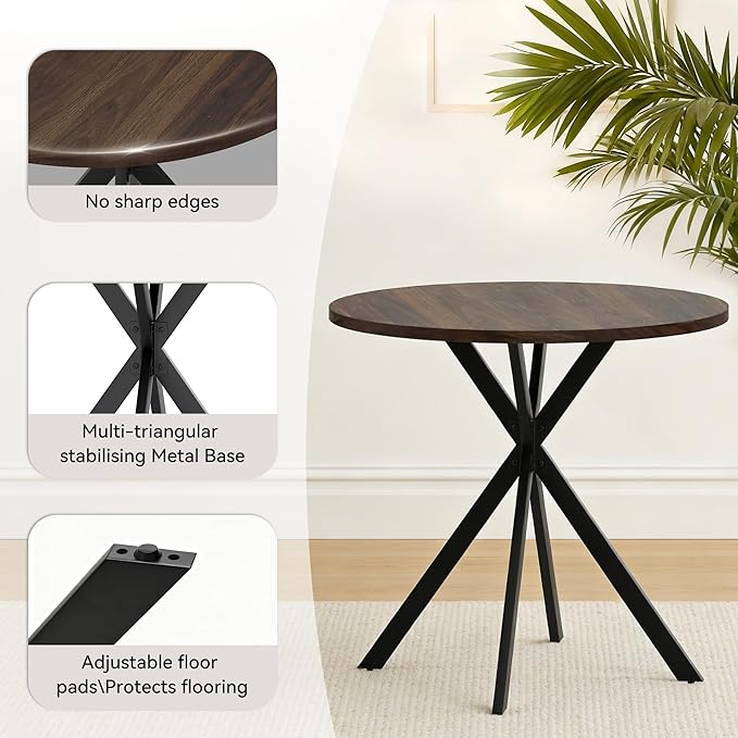 31.5" Round Dining Table and Chairs Set for 2, Small Dining Table Chairs Set Space-Saving, Small Dinette Sets for 2 for Kitchen Dining Room Apartment(Walnut Table + Gray Chairs)