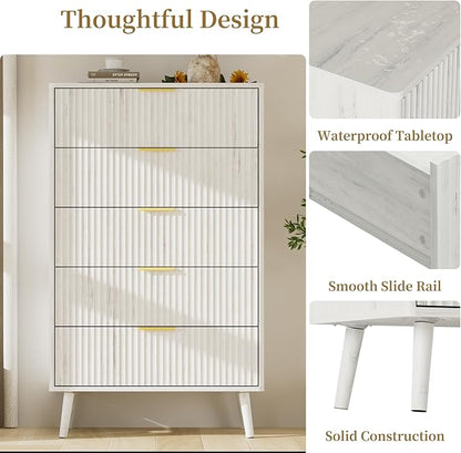 LYNSOM Fluted Dresser and Nightstand Sets 3 Piece, 5-Drawers Dresser and 2-Drawer Nightstands Set of 2, Wood Bedroom Furniture Set for Home, Bedroom, Hallway, White