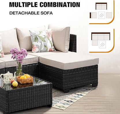 5 Pieces Patio Furniture Set All-Weather Outdoor Wicker Sectional Conversation Sofa Rattan Patio Seating Sofa with Cushion and Glass Table and Ottoman for Porch,Beige