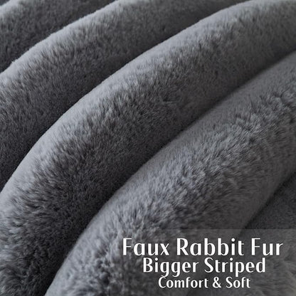 FUTEI Grey Decorative Throw Pillow Covers 18x18 Inch Set of 2, Square Soft Faux Rabbit Fur Thick Striped Cushion Cover,Winter Home Decor for Couch Bed Living Room