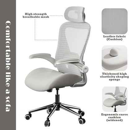 Grey Ergonomic Home Office Desk Chair, Premium Thickened Leather Curved seat with Breathable mesh Back, 3D headrest and Adjustable Lumbar Support, Ideal Chair for Office or Gaming, Gray