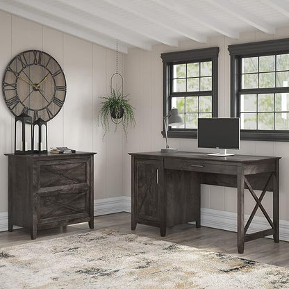 Bush Furniture Key West 54W Computer Desk with Storage and 2 Drawer Lateral File Cabinet in Dark Gray Hickory