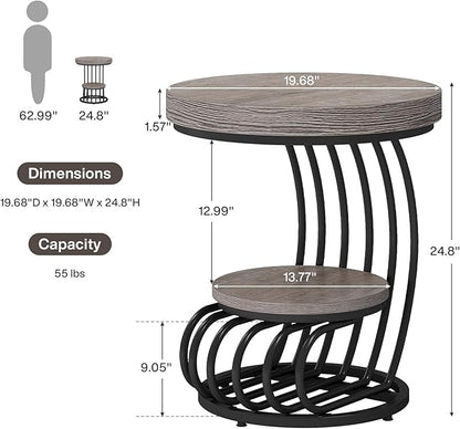 Tribesigns Round End Table, 2-Tier Farmhose Wood Side Table with Shelf Storage, Small Sofa Side Bedside Nightstand, Arc-Shaped Frame Accent Furniture for Living Room, Grey