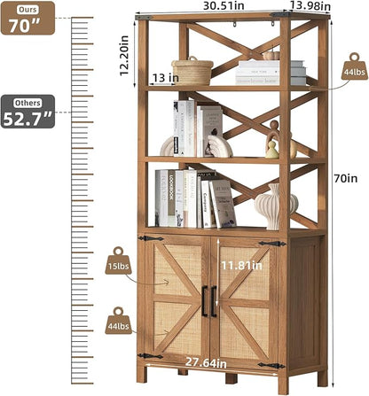 5 Tier Bookshelf 70" Rattan Boho Tall Bookcase with Barn Doors,Farmhouse Display Book Shelf with Adjustable Shelves and Storage Cabinet,Wood Bookshelves for Living Room,Kitchen,Natural (2PCS)