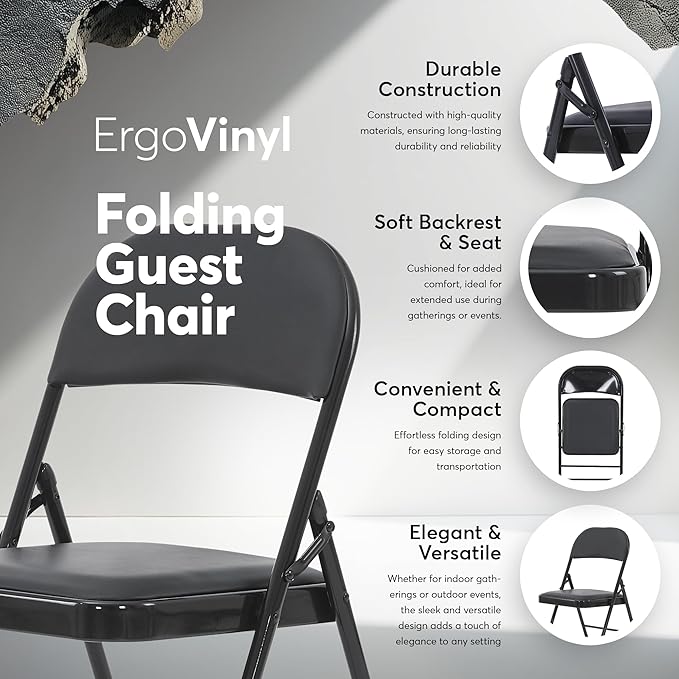Oline Vinyl Folding Chairs, Padded Vinyl Cushion Chairs with Durable Metal Frame, Indoor Outdoor Stackable Foldable Guest Chairs for Office Wedding Kitchen Dining, 300lb Capacity (Black, 1 Pack)