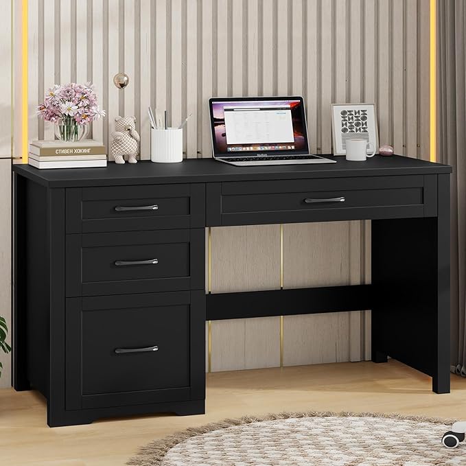 Vabches Farmhouse 47" Executive Desk with File Drawer, Wood Computer Desk with 3 Storage Drawers, Workstation for Home Office, Study, Writing(Black)