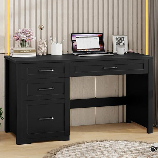 Vabches Farmhouse 47" Executive Desk with File Drawer, Wood Computer Desk with 3 Storage Drawers, Workstation for Home Office, Study, Writing(Black)