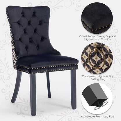 Velvet Upholstered Dining Chairs Set of 4, Modern Style Kitchen Side Chairs with Nailhead Trim and Wood Legs,Metal Pulling Ring for Dining Room Living Room(Quadrangular Star&Black)