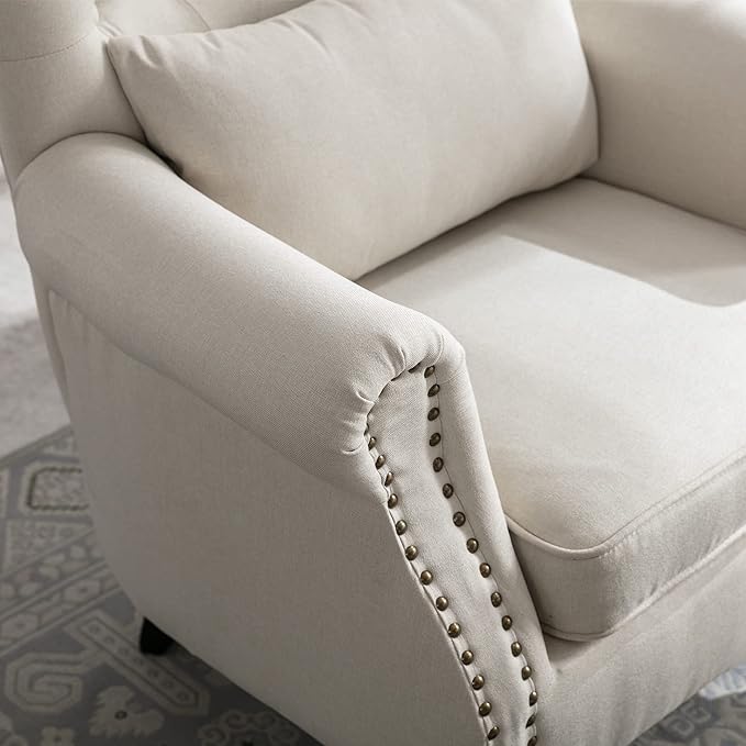 chairus Mid-Century Modern Accent Chairs with Ottoman Set of 2, Comfy Linen Single Sofa Chair Button Tufted Wingback Armchairs with Pillow for Living Room/Bedroom/Club - Beige
