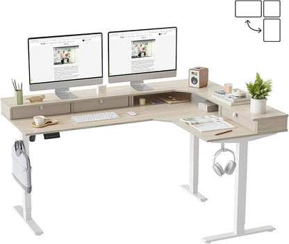 FEZIBO L Shaped Electric Standing Desk, 63 x 48inch Large with Drawers | Reversible Tabletop, 2 Memory Height Settings | Home Office & Gaming Height-Adjustable Table, Light Walnut Top/White Frame