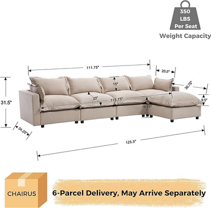 chairus 126" Modular Sectional Sofa with Moveable Ottoman Upholstered Deep Seat Linen Couch Set with Soft Pillows L-Shape Sofa Couch for Living Room, Apartment, Reception Room, 4-Seater/Oatmeal