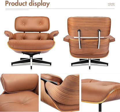 Top Grain Leather, Mid Century Chaise Lounge Chair and Ottoman, Modern Chair Classic Design, Heavy Duty Base Support for Living Room Study Lounge Office, Walnut-Brown