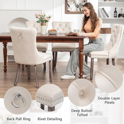 Velvet Dining Chairs Set of 2, Tufted Dining Room Chairs with Nailhead Ring Pull Trim, Upholstered Dining Chairs with Solid Wood Legs for Kitchen Dining Room (Beige)