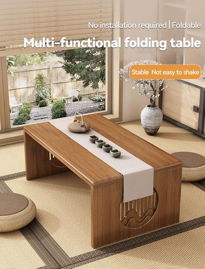 Folding Coffee Table, Foldable Japanese Floor Table No Assembly, Low Coffee Table for Sitting On The Floor, Small Coffee Tables for Living Room Meditation Tea Room Tatami Dining 39.4 Inch