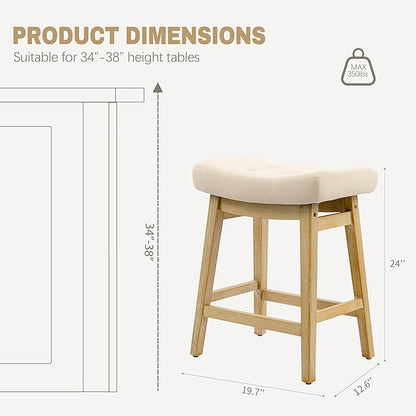 Counter Height Bar Stools Set of 3 for Kitchen Counter Farmhouse Modern Barstools with Upholstered Fabric Backless Seat and Solid Wood Legs 24 inch Bar Chairs, Khaki + Wood Color