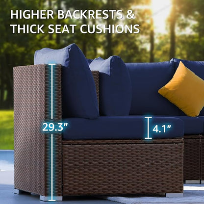 NICESOUL 10 Piece Outdoor Couch Set with Fire Pit Natural Gas/Propane, 29.3'' High Backrest Comfy Sectional Patio Furniture, Large Wide Seating Sofa for Outside, Brown Rattan and Navy Blue Cushion