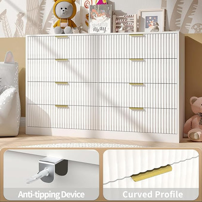 White Fluted Dresser Bedroom with 8 Drawer,55” Wide White Double Drawer Dresser Modern Chest of Drawers with Gold Handles,Wood TV Stand for Bedroom,Living Room