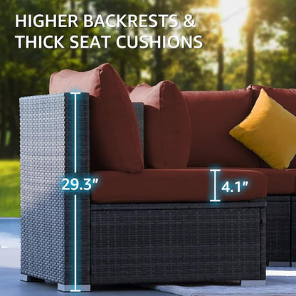 NICESOUL 6 Piece Modern Outdoor Conversation Set with Fireplace Natural Gas/Propane, 29.3'' High Back Deep Wide Seat Sofa Couches for Garden, Oversized Patio Sectionals, 2 Color Cushion Wine & Grey