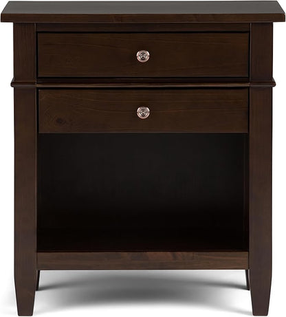 SIMPLIHOME Carlton Bedside Table - 24 inch Wide Solid Wood Nightstand Table in Dark Tobacco Brown, Transitional Bedroom Side or End Table with 2 Drawers, Open Storage Shelf and Bronze Hardware