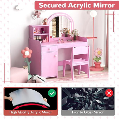 GLACER Kids Vanity, Wooden Toddler Vanity with Lighted Mirror, Drawer & Cabinet, Storage Shelves, Princess Kids Vanity Table and Chair Set, Girls Vanity for Little Girls Ages 3+ (Pink)
