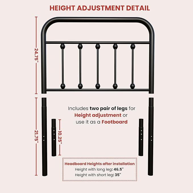 Vintage Twin Size Metal Bed Frame Height Adjustable Headboard Only, Wrought Iron Black Farmhouse Bed Frame Headboard, Easy Assembly, Short Clearance, Tall or Low Setting