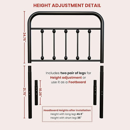 Vintage Twin Size Metal Bed Frame Height Adjustable Headboard Only, Wrought Iron Black Farmhouse Bed Frame Headboard, Easy Assembly, Short Clearance, Tall or Low Setting