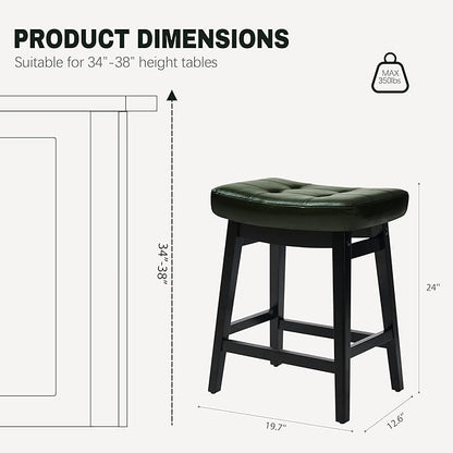 Counter Height Bar Stools Set of 4 for Kitchen Counter Farmhouse Modern Barstools with Faux Leather Upholstered Backless Seat and Solid Wood Legs 24 inch Bar Chairs, Green + Black