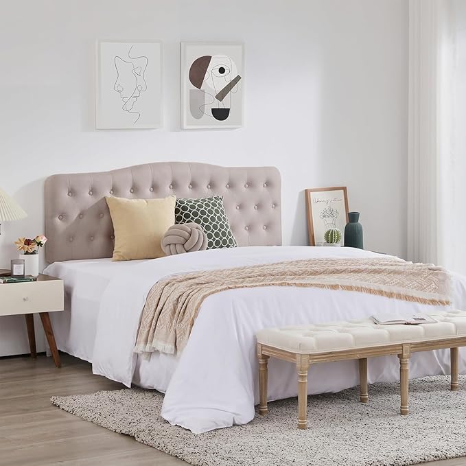 Upholstered Queen Headboard, Button Diamond Tufted Headboard with Adjustable Height and Solid Wood Leg, Linen Fabric Padded Headboards for Queen Size Bed, Mordern Head Board, Beige
