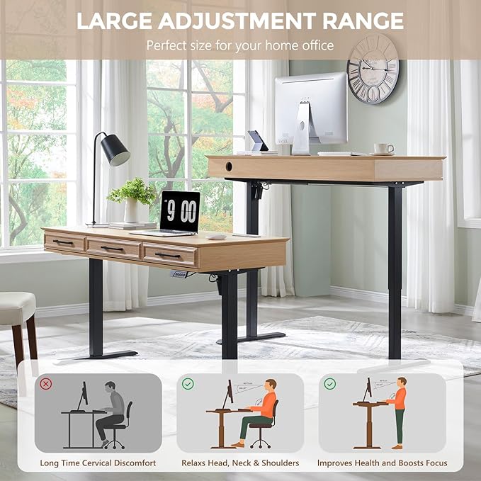 55x22 Inch Electric Standing Desk with One-Piece Desktop, Adjustable Height Computer Desk w/3 Storage Drawers & Power Outlets,Sit to Stand Up,Gaming Table for Home Office and Study, Natural Oak