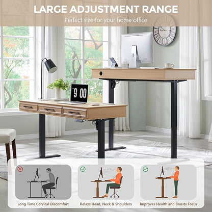 55x22 Inch Electric Standing Desk with One-Piece Desktop, Adjustable Height Computer Desk w/3 Storage Drawers & Power Outlets,Sit to Stand Up,Gaming Table for Home Office and Study, Natural Oak