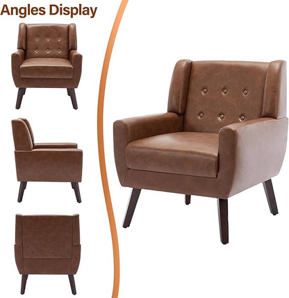 Accent Chairs Set of 2, Modern Faux Leather Armchairs for Living Room, Comfy Upholstered Arm Chairs Tufted for Indoor Bedroom Office Room (P Coffee)