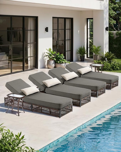 Luxury Outdoor Chaise Lounge Chairs of 4 with 5 Inch Thick Cushions and Side Table - 6 PCS High Back Brown Wicker Rattan Patio Recliners Lounger Furniture Set for Poolside Sunbathing - Grey