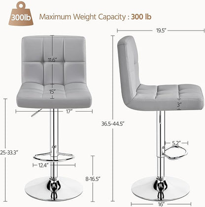 Yaheetech Bar Stools Set of 4, PU Leather Adjustable Barstools, Modern Counter Stools with Back and Footrest, Counter Height Barstools for Bar, Kitchen, Dining Room, Light Gray