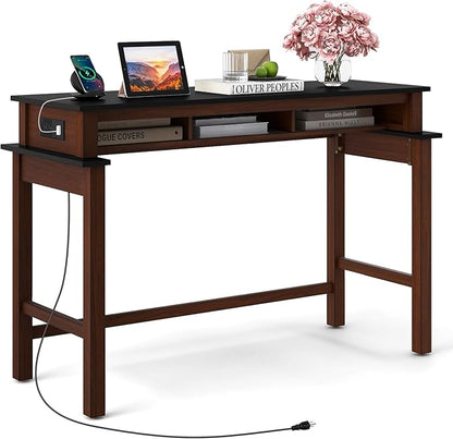 COSTWAY Bar Table with Charging Station, 36” Counter Height Table w/ 3 Storage Compartments, Power Outlets, Modern Farmhouse Console Table for Kitchen, Living Room, Entryway (Black + Walnut)