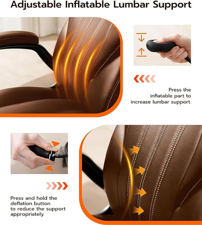 Office Desk Chair, Ergonomic Computer Chair with Padded Flip-Up Arms and Adjustable Lumbar Support, PU Leather Executive Chair with Tilt Lock and 360° Swivel Rolling Wheels for Work, Study