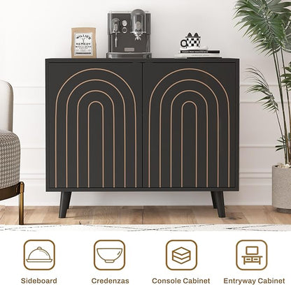 63" Sideboard Buffet Cabinet Set of 2, Modern Accent Cabinet with Carving Lines, Decorative Storage Cabinets for Bedroom Living Room Kitchen Office and Hallway (Black, 2)