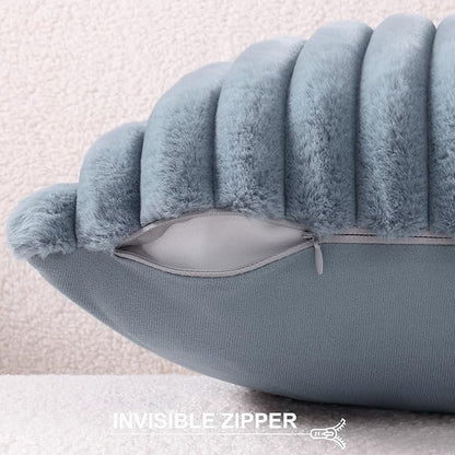 Pallene Faux Fur Plush Lumbar Throw Pillow Covers 12x20 Set of 2, Luxury Soft Fluffy Striped Decorative Pillow Covers for Sofa, Couch, Living Room, Blue Grey