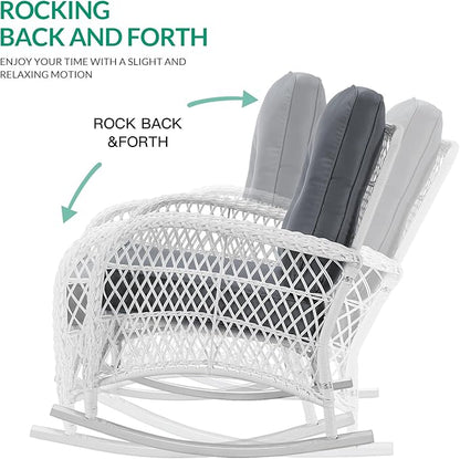 VIVIJASON 4-Piece Outdoor Patio White Wicker Conversation Sets, All Weather Outdoor Rattan Furniture Set Includes Glider Loveseat, Coffee Table, 2 Rocking Chairs with Cushions for Backyard, Grey