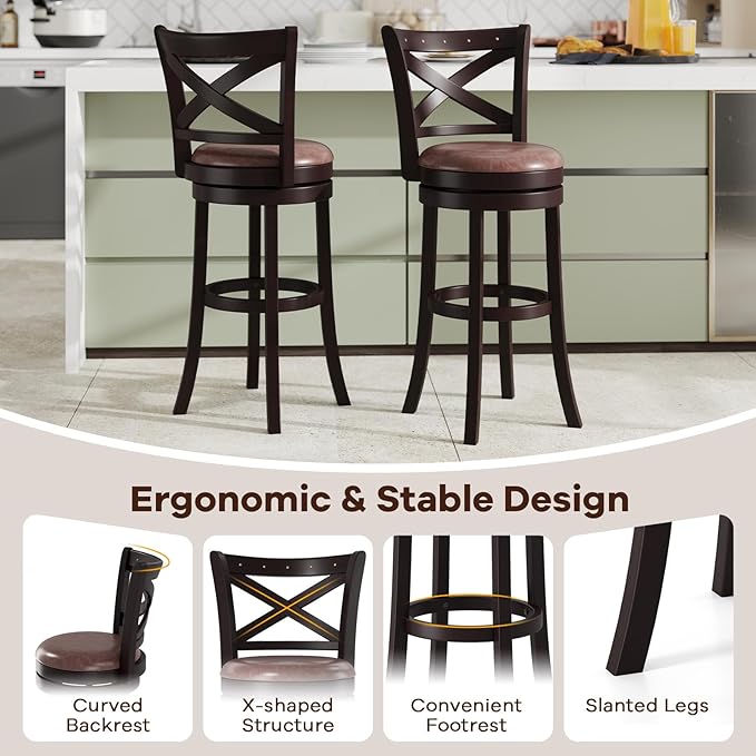 COSTWAY Bar Stools Set of 4, 30" Swivel Bar Height Bar Chairs with Copper Nails, Upholstered Seat, X-Shaped Backrest, Solid Rubber Wood Frame, for Kitchen Island Pub Bar