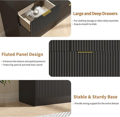 Black Dresser with 7 Drawer - 55” Wide Fluted Dresser for Bedroom with Metal Handle, Chest of Drawer, Wood TV Stand for Bedroom, Living Room, Black